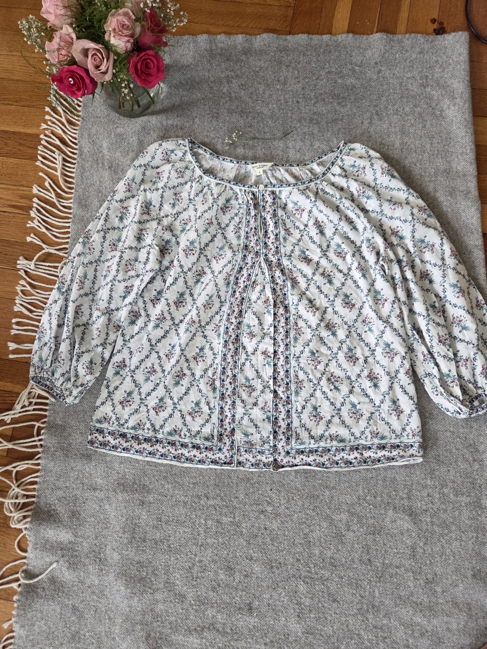 Max Studio White and Light Blue Floral Peasant Blouse